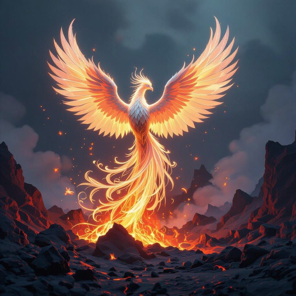 Bioluminescent Phoenix Rising from Volcano, Art Nouveau Styl...
