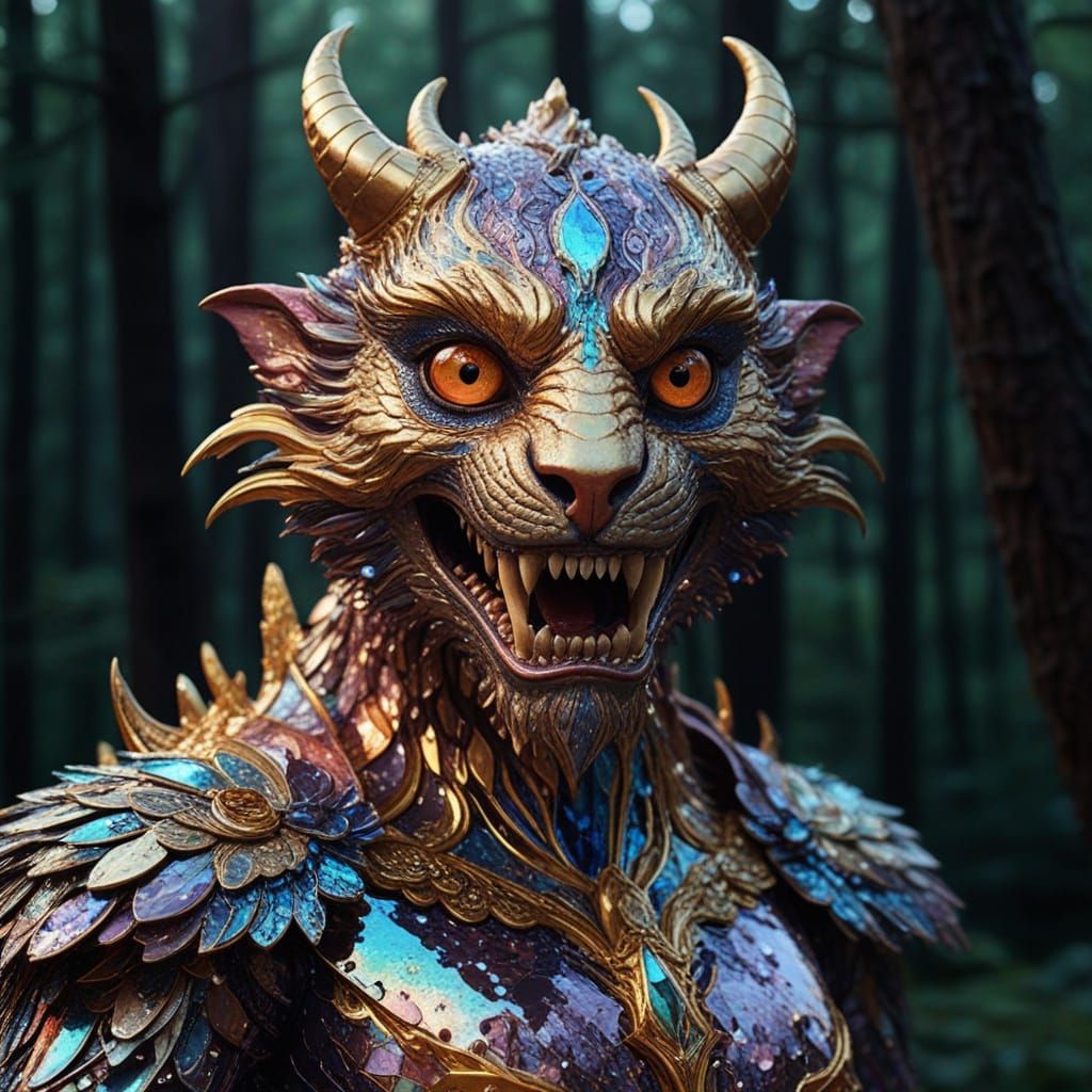 Shimmering Fantasy Monster in Whimsical Moonlit Forest