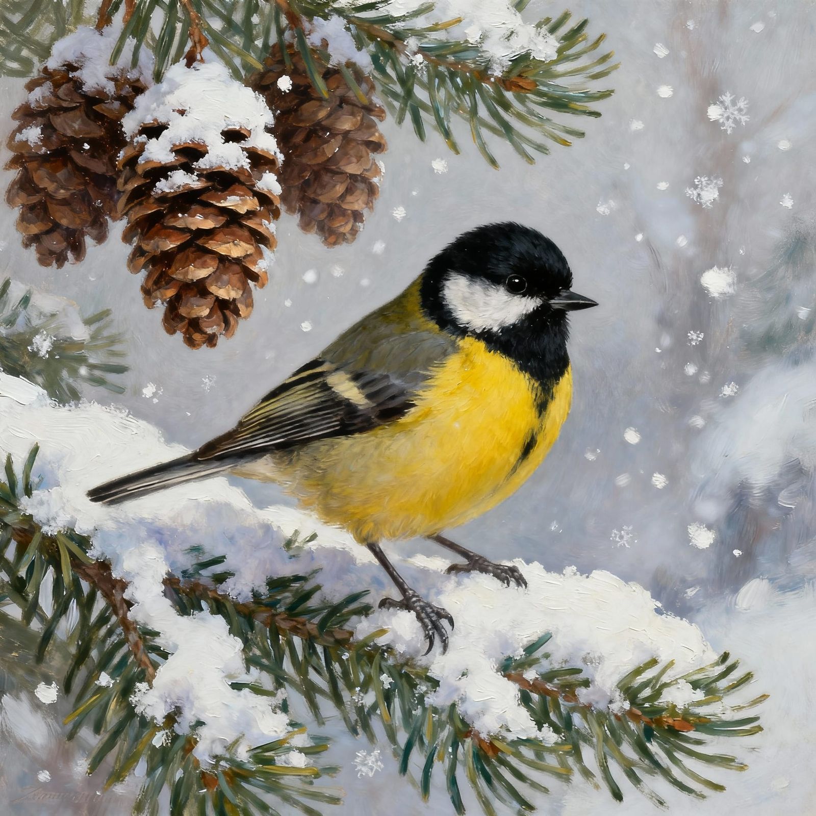 A small,colorful bird with a black cap & yellow belly perche...