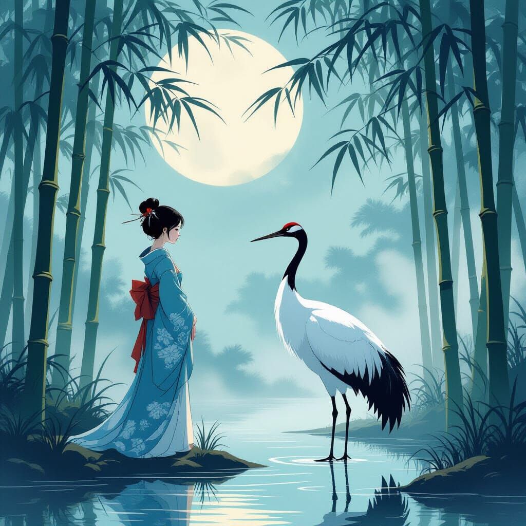 Jugendstil Girl and Crane in Moonlit Bamboo Forest