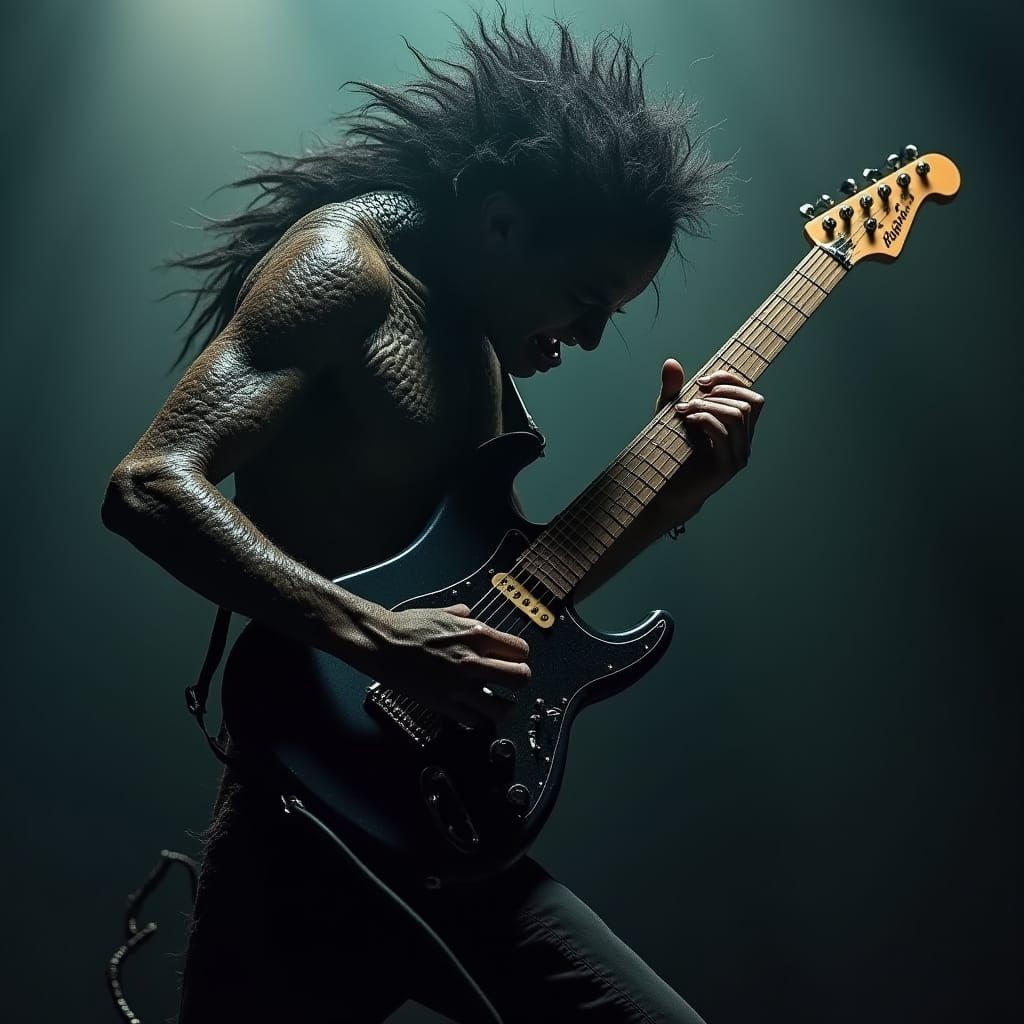 Gritty Monster Rock Star Plays Electric Guitar On Stage