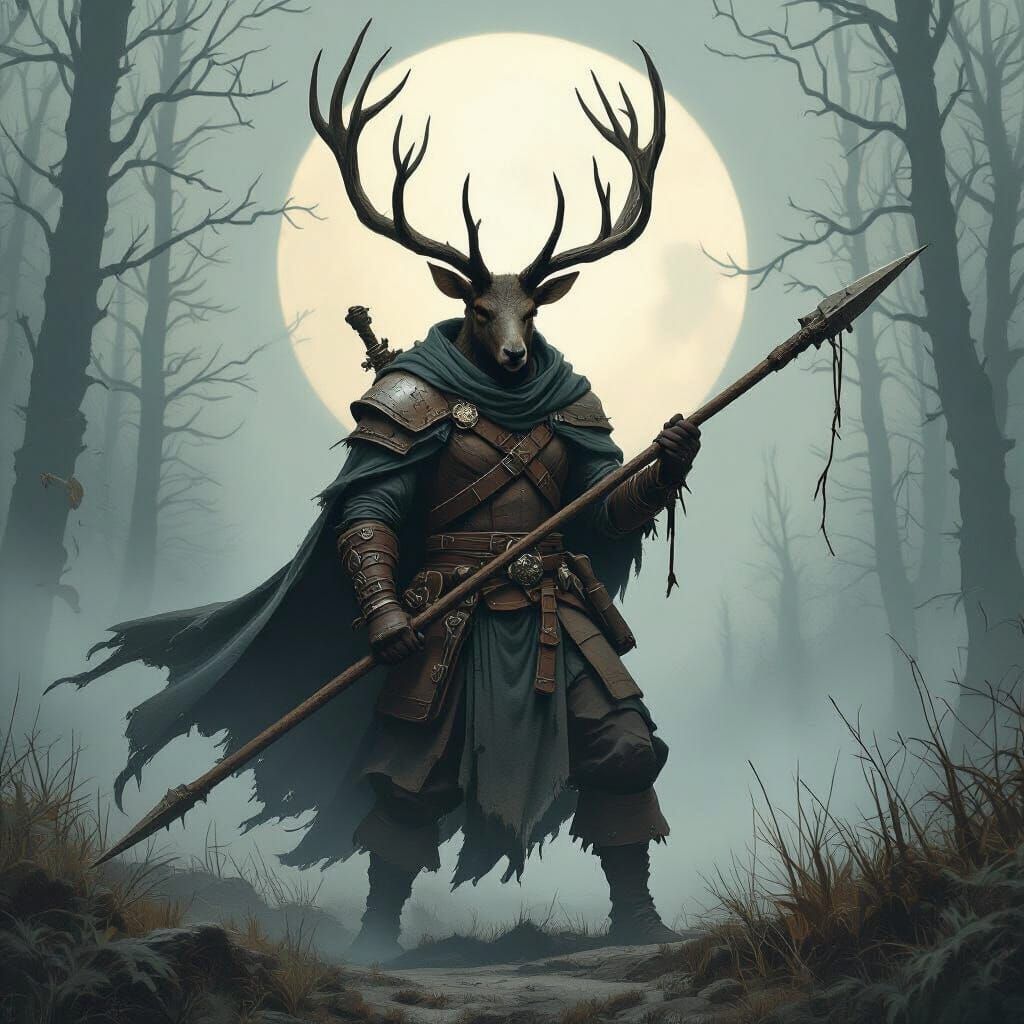 Antlered Deer Monk Pirate with Spear in Moonlit Forest