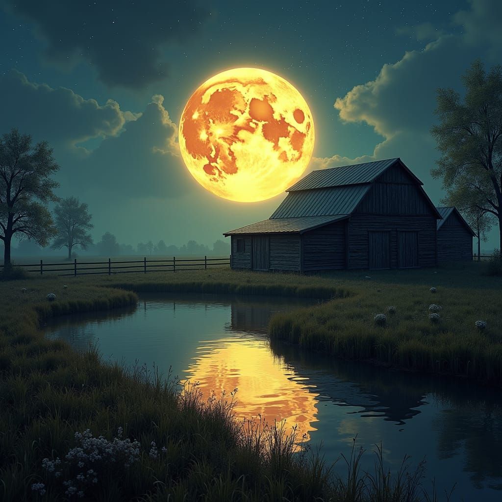 Bucks Moon Over Rural Landscape: Digital Painting