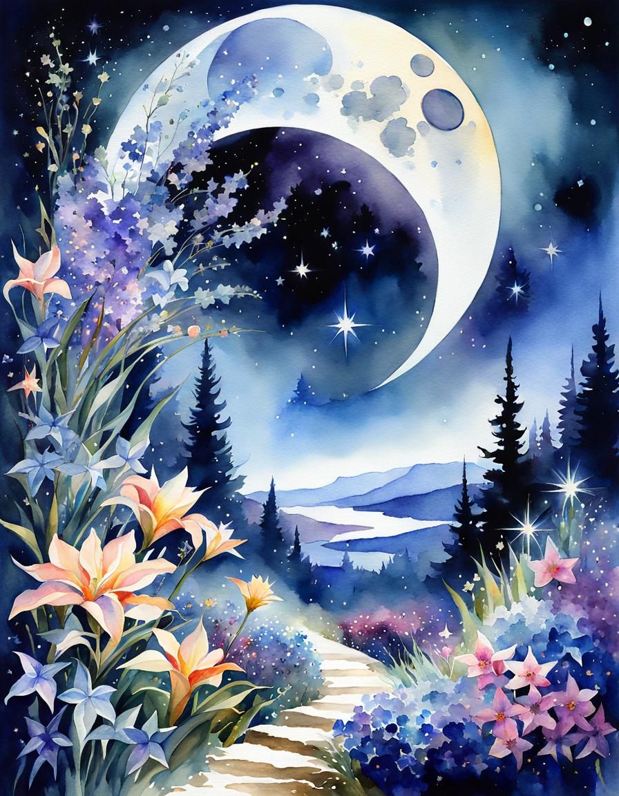 Fantasy Moonlit Landscape in Watercolor Style