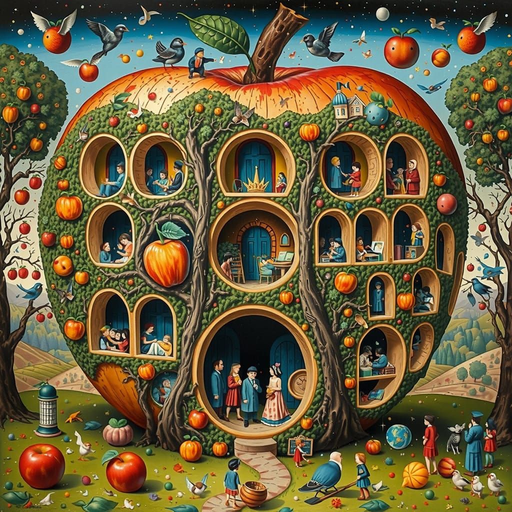 Surrealistic Fantasy Schoolhouse Within a Carved Apple