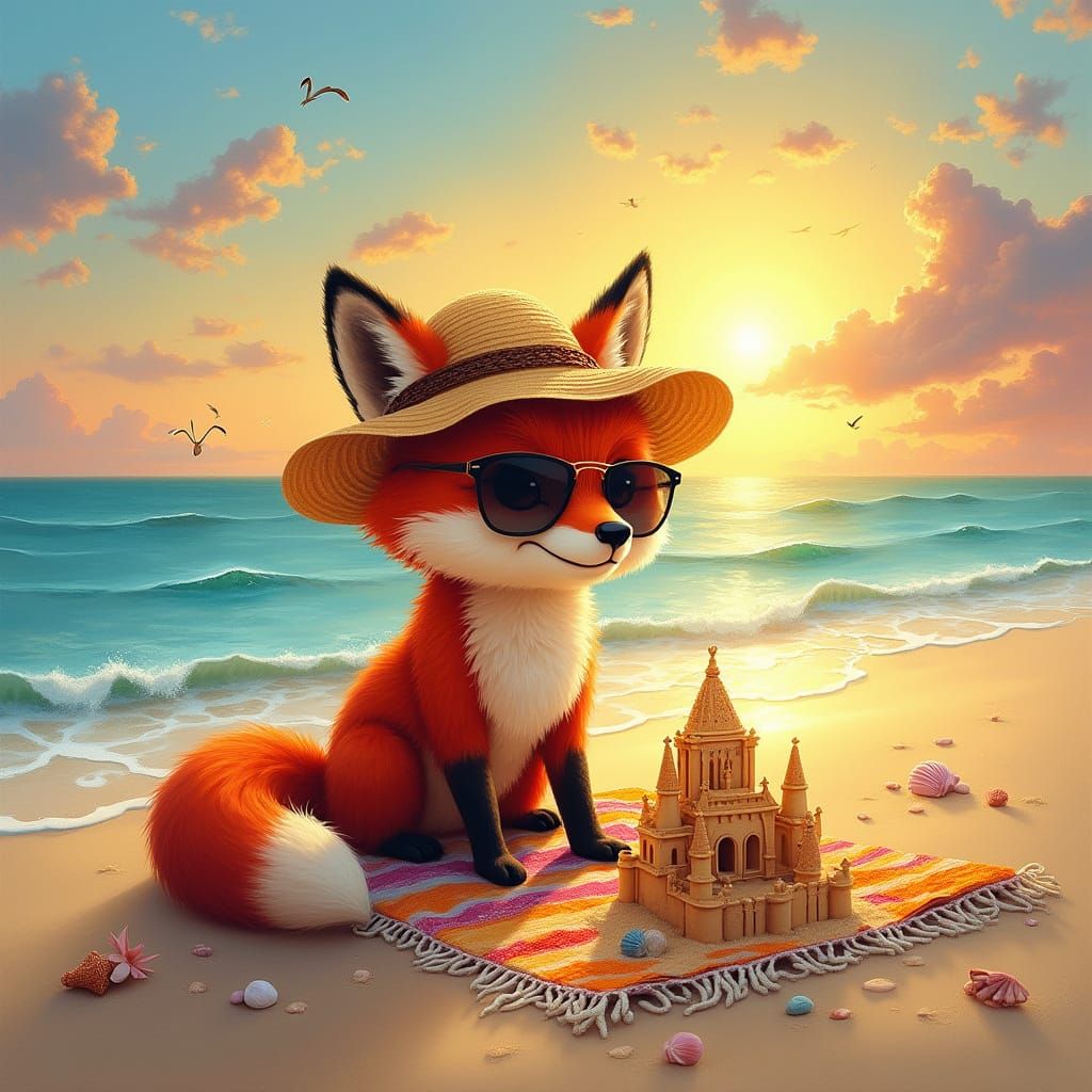 Charismatic Fox in Tropical Beach Scene, in a Whimsical Oil ...