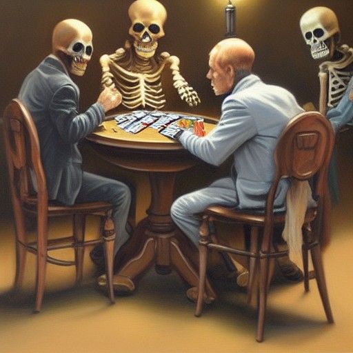 Skeletons Play Poker in Trench Coats, Oil Painting