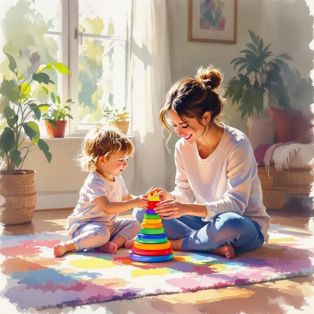Joyful Child Plays with Mom in Watercolor Style