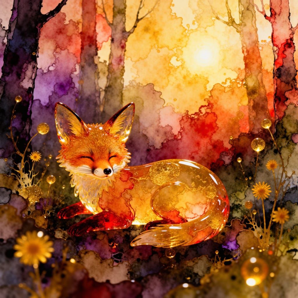 Glass Fox Sleeping in Dandelions, Watercolor Style