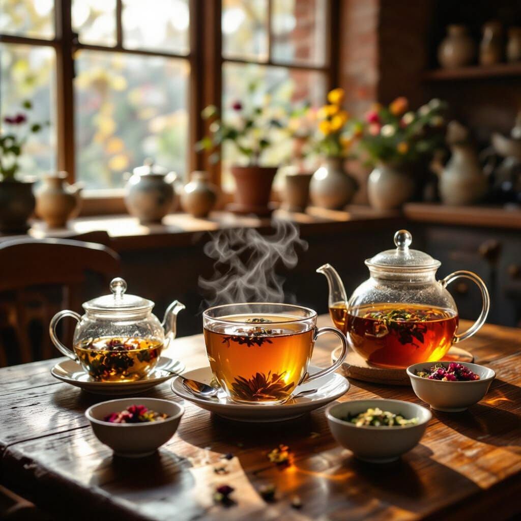 Cozy Artisanal Cafe Interior with Steaming Tea