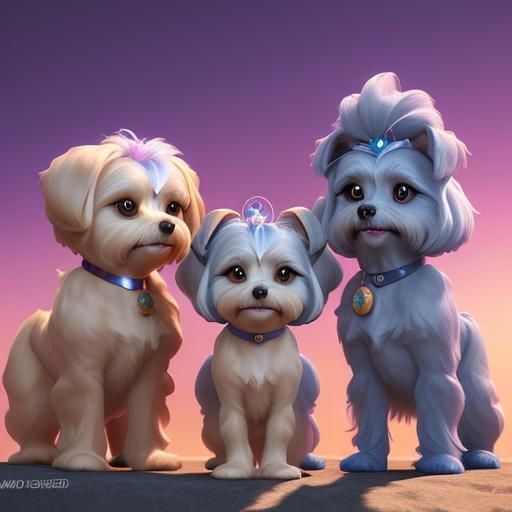 Three Maltese Dogs in Pixar-Style 3D Rendering