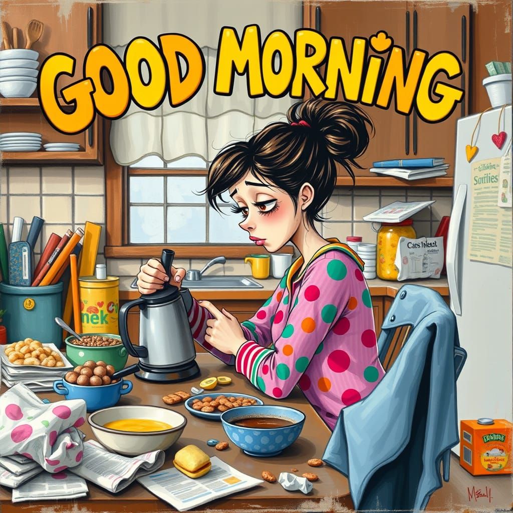 Woman in Whimsical Kitchen Chaos, Inspired by Folk Art