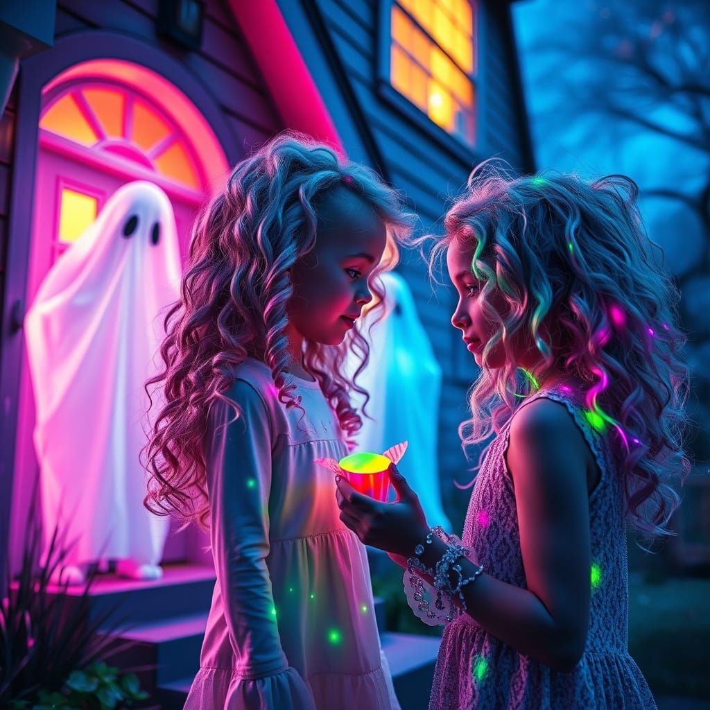 Girl Collects Glowing Candy from Ghosts in Space House