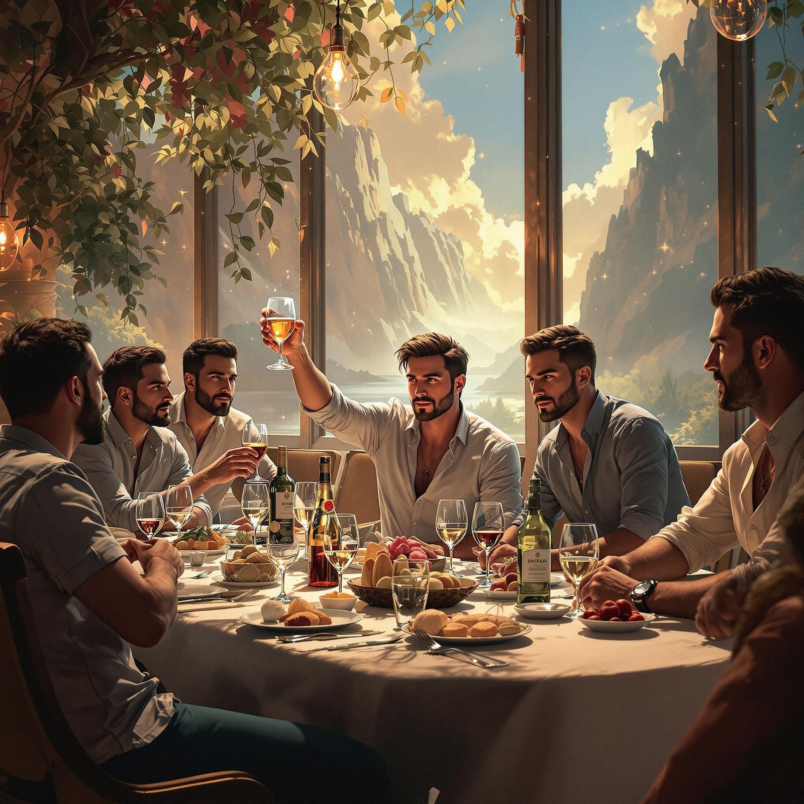 Gentlemen in a Luxurious Brunch Scene, Centered around a Han...