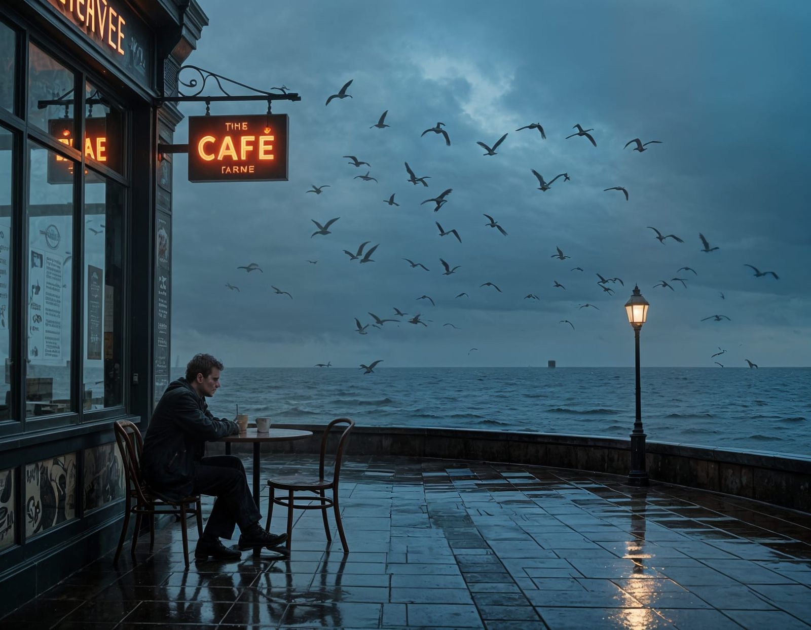 Man at Moody Seaside Cafe Under Stormy Sky