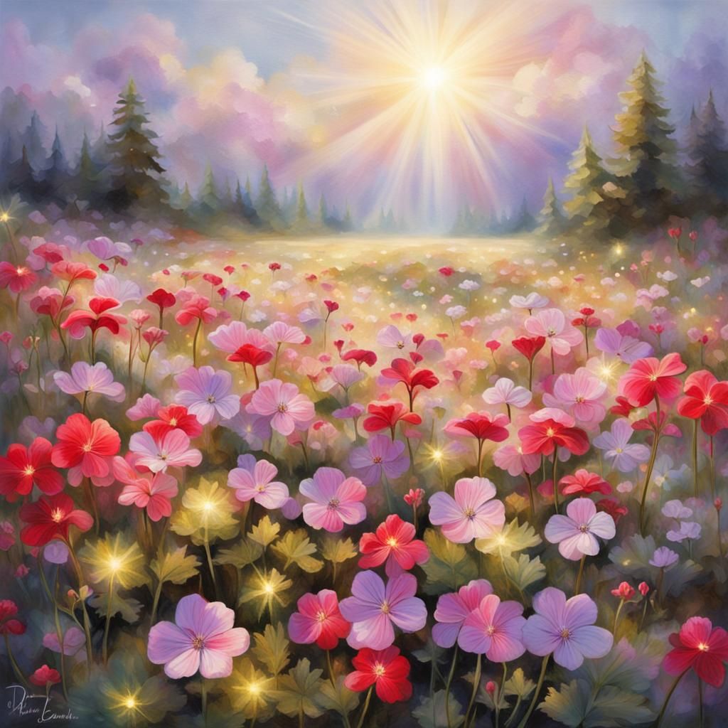 Sparkling Geraniums Illuminated in a Flower Field