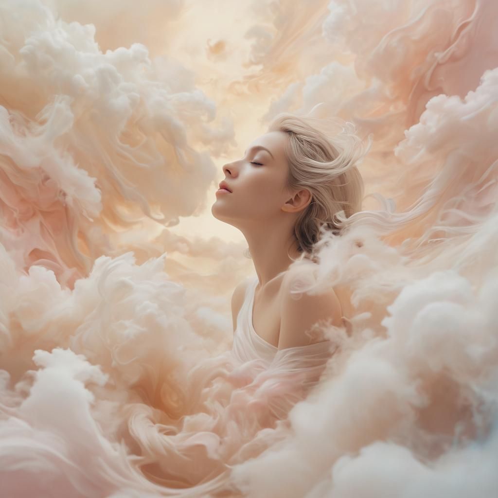 Ethereal Figure Surrounded by Swirling Pastel Clouds