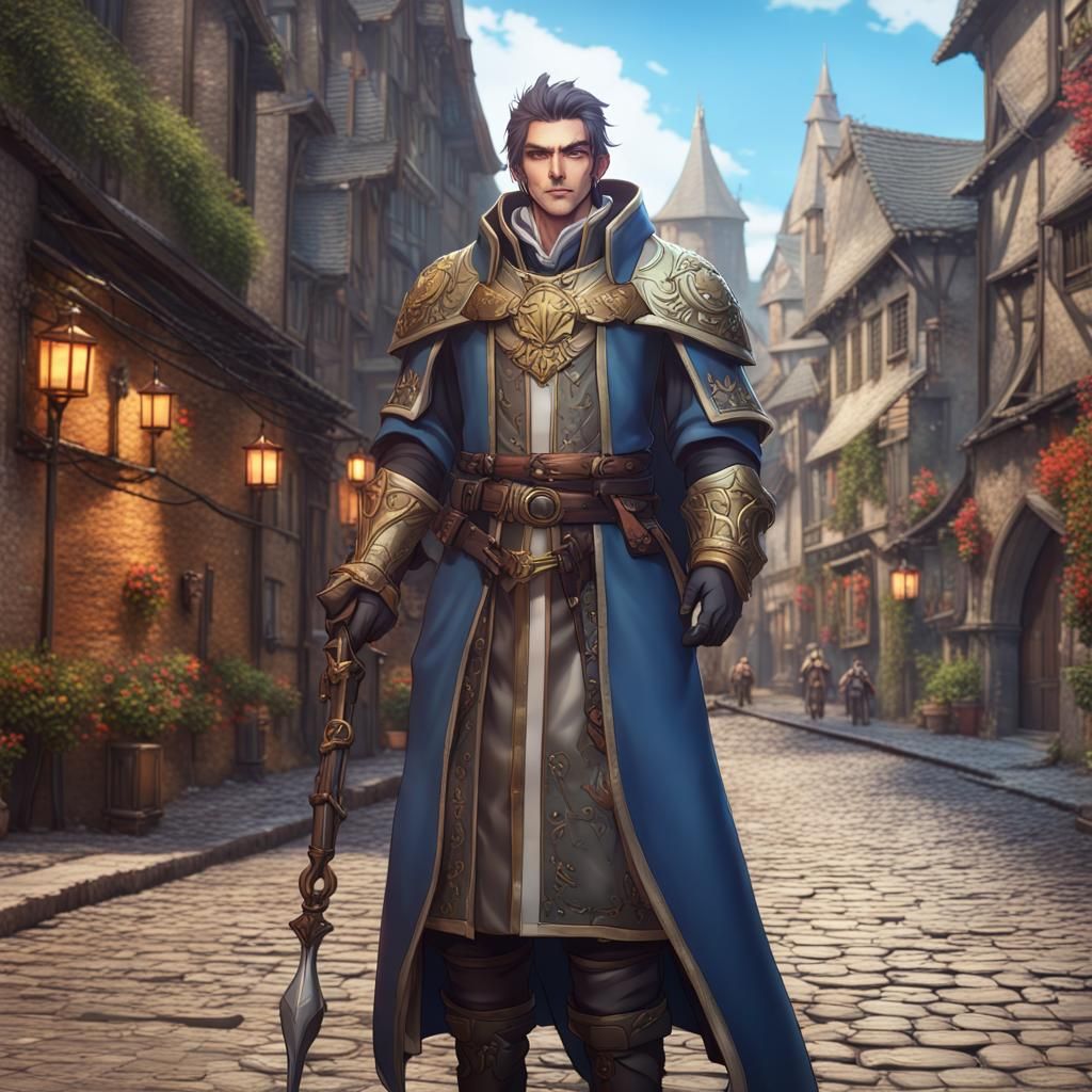 Anime Cleric on Cobblestone Street in Detailed Matte Paintin...