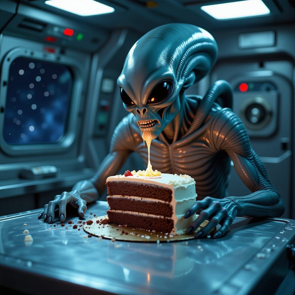 Surreal Alien Emerges from Chocolate Cake