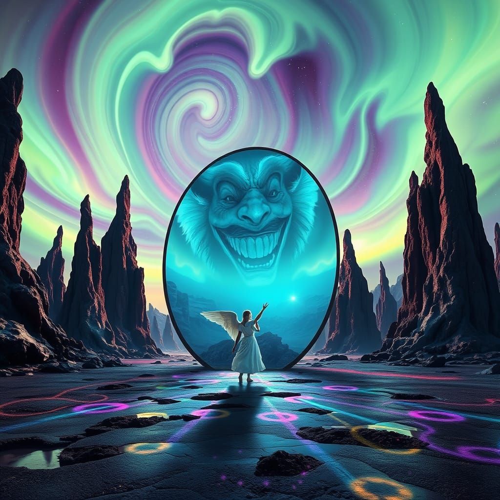 Aurora Sky Mirror Reflecting Devil in Surreal Scene