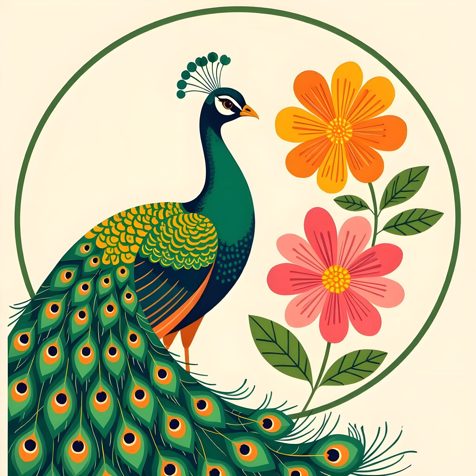 Whimsical Peacock and Flowers in Circular Frame