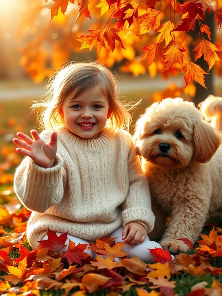 Girl and Dog Play with Autumn Leaves