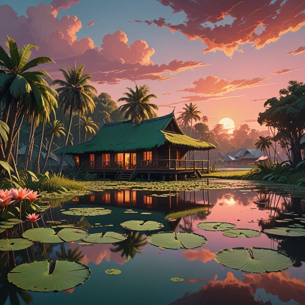 Village of Whimsy on Giant Lily Pads in Sunset Glow