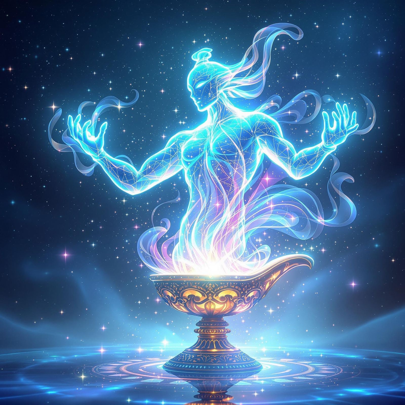 Majestic Holographic Genie Erupts from Ancient Lamp in Vibra...