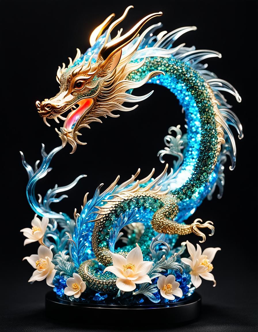 Crystal Dragon Sculpture with Bioluminescent Flowers