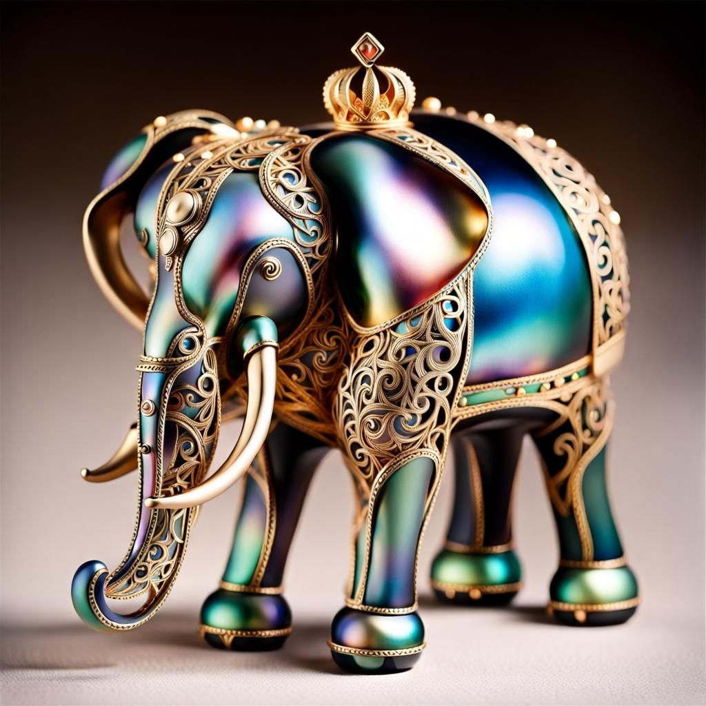 Ornate Metal Elephant Crowned in Faberge Style