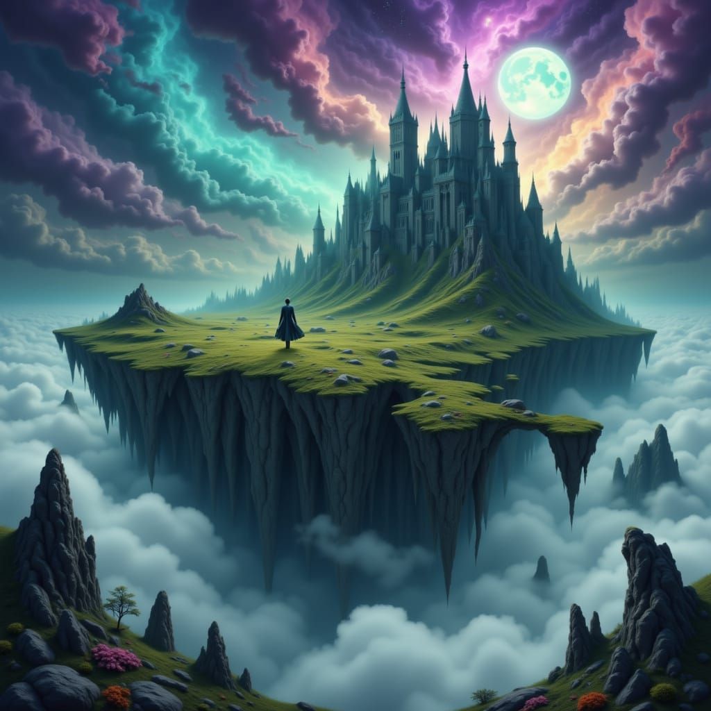 Ancient Castle on Floating Island in Nebula