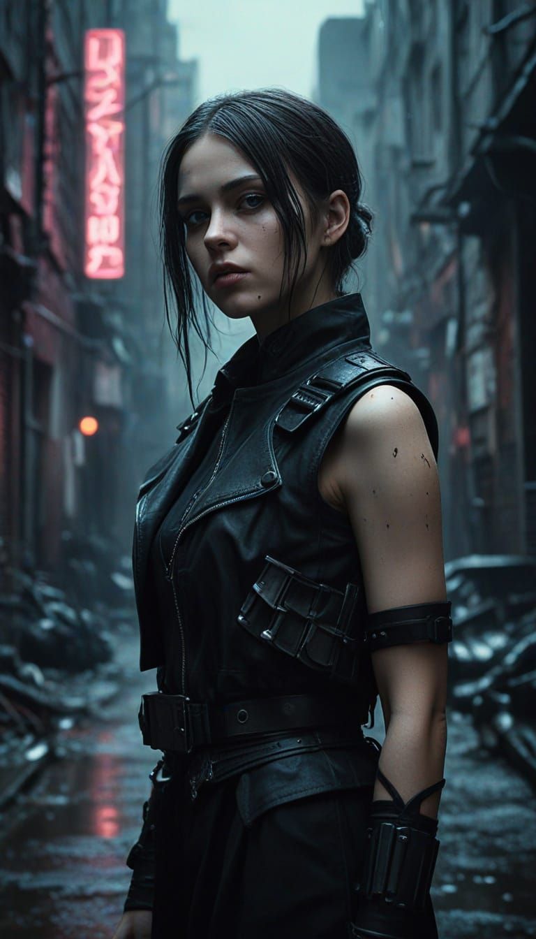 Cyberpunk Wife in Dark Dystopian Alley