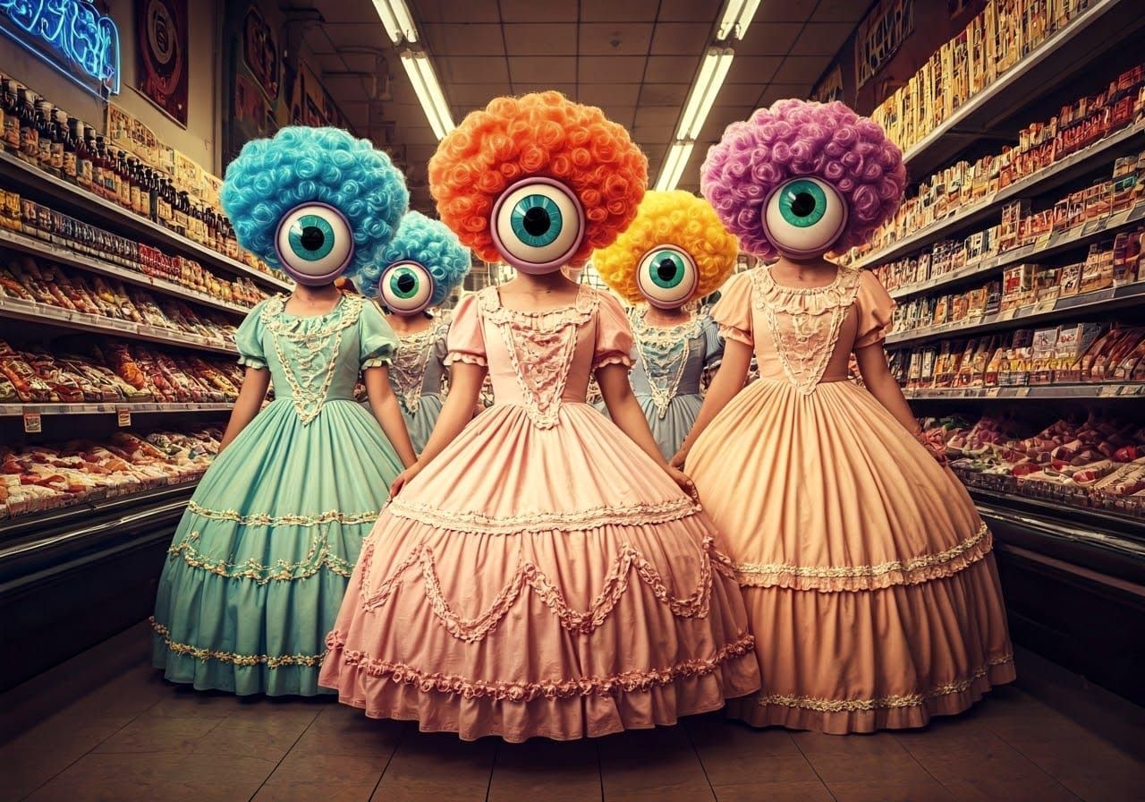 Playful Crowd in Japanese Supermarket Dressed in Exotic Roco...