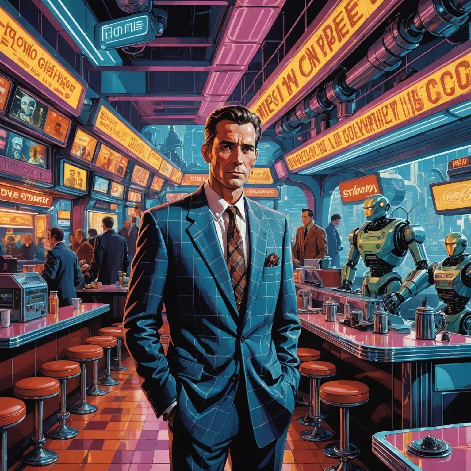 Man in Cyberpunk Diner with Robots and Holograms