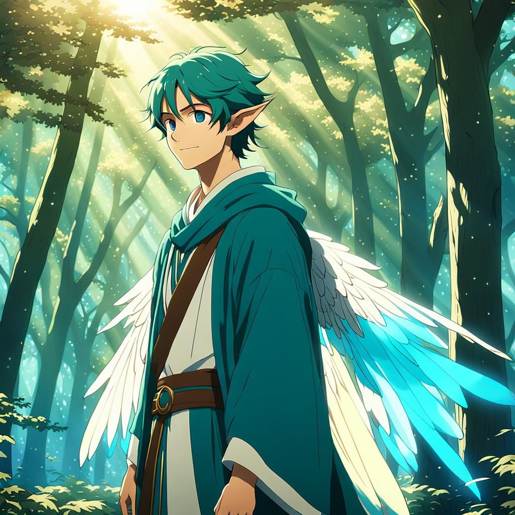Anime Elf with Wings in Serene Landscape