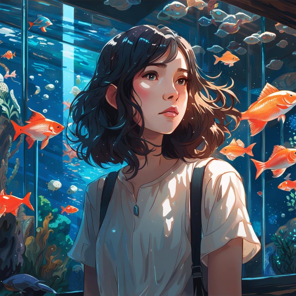 Girl in Stunning Aquarium Interior, Anime Style