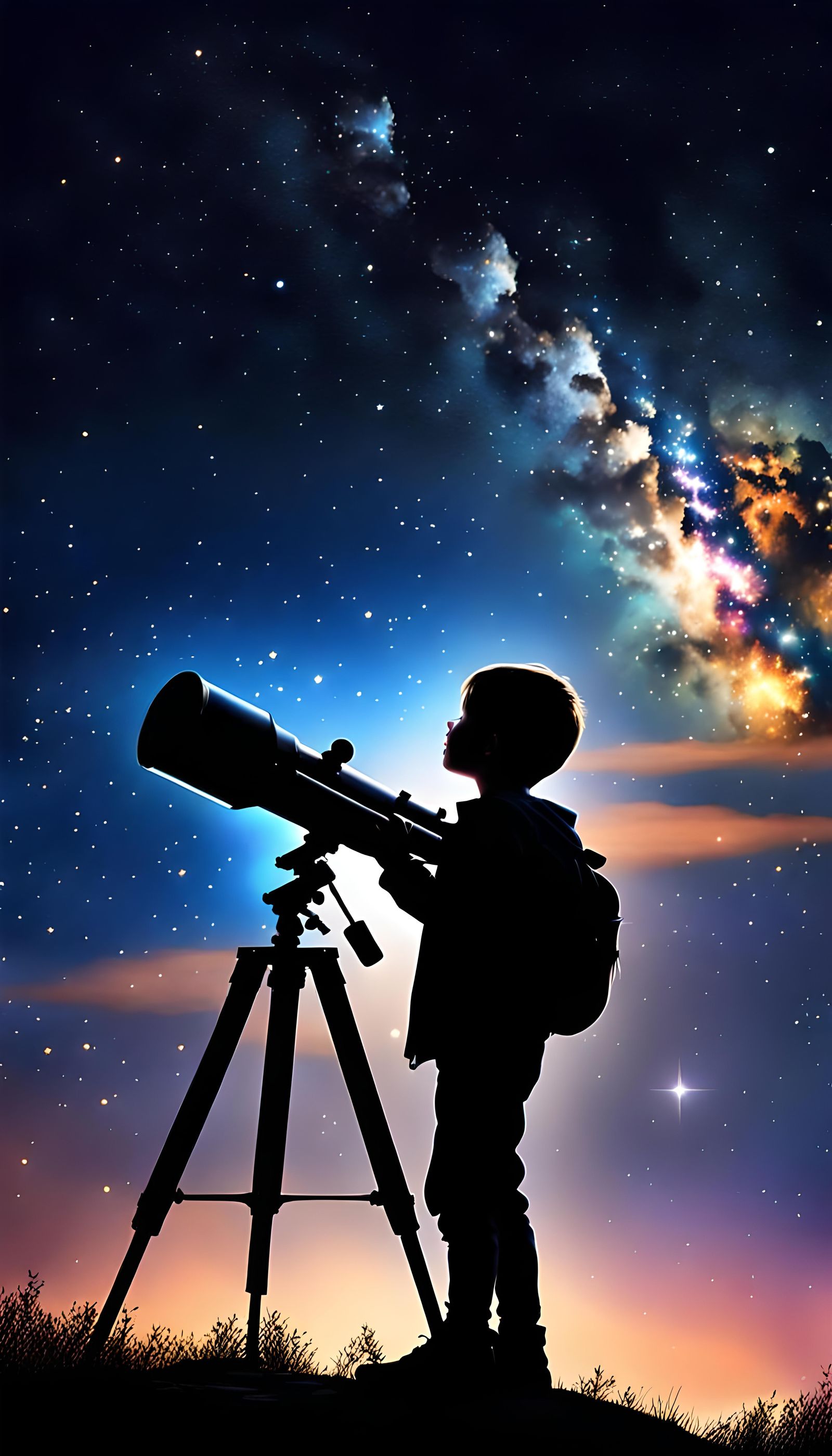 Child Gazing at Starry Night Sky, Detailed Fantasy Art