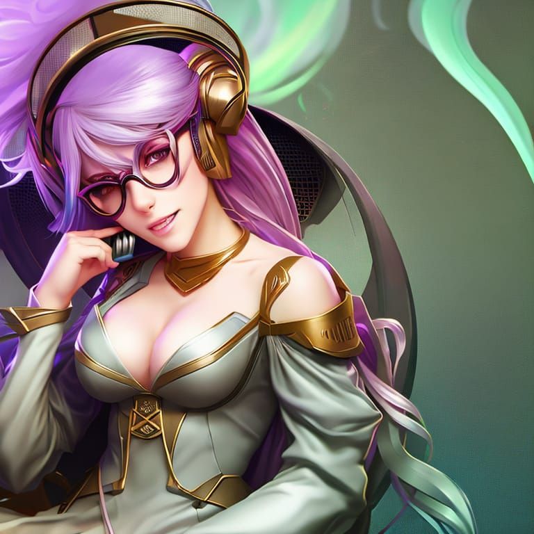 Gamer Girl Portrait with Purple Hair in Art Nouveau Style