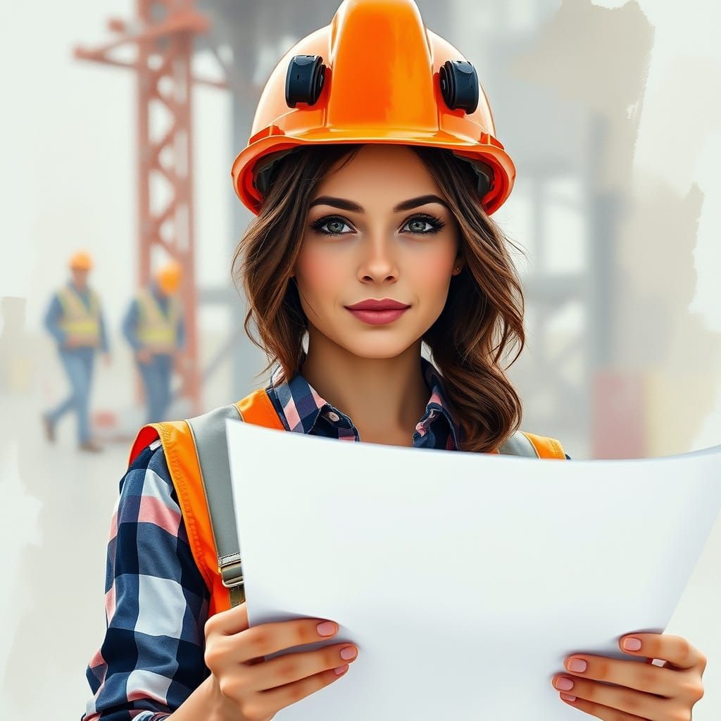 Woman in Hard Hat Reads Blueprints: Gouache Watercolor