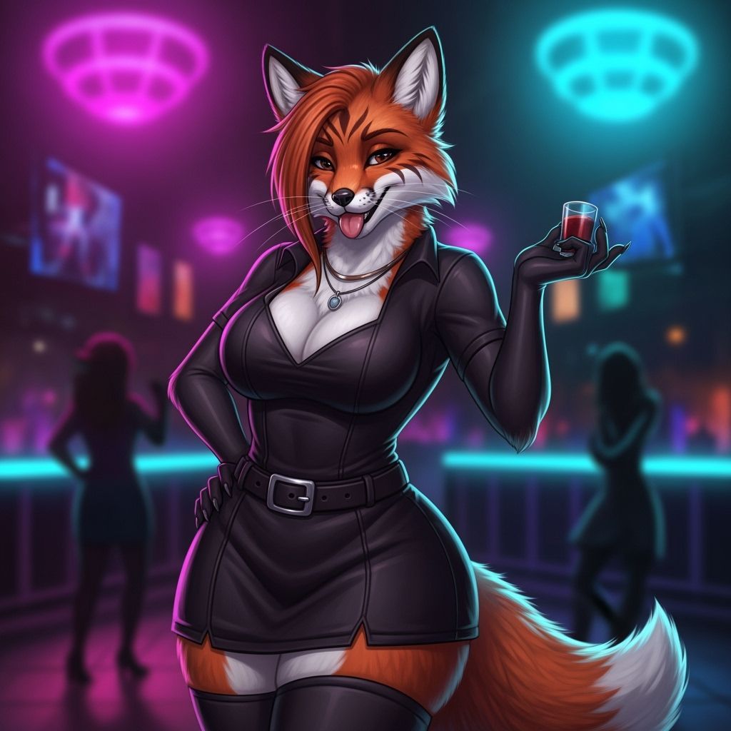 Confident Fox-Woman in Neon Club, Digital Art Style