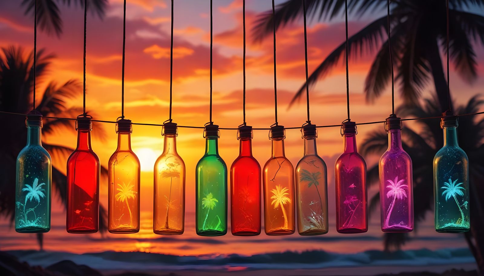 Bottles With Lights Hanging Between Palm Trees Over Tropical...