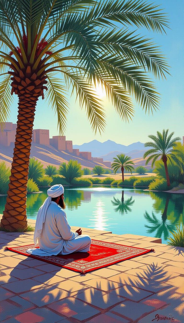 Dervish Meditating in Oasis with Reflecting Pond