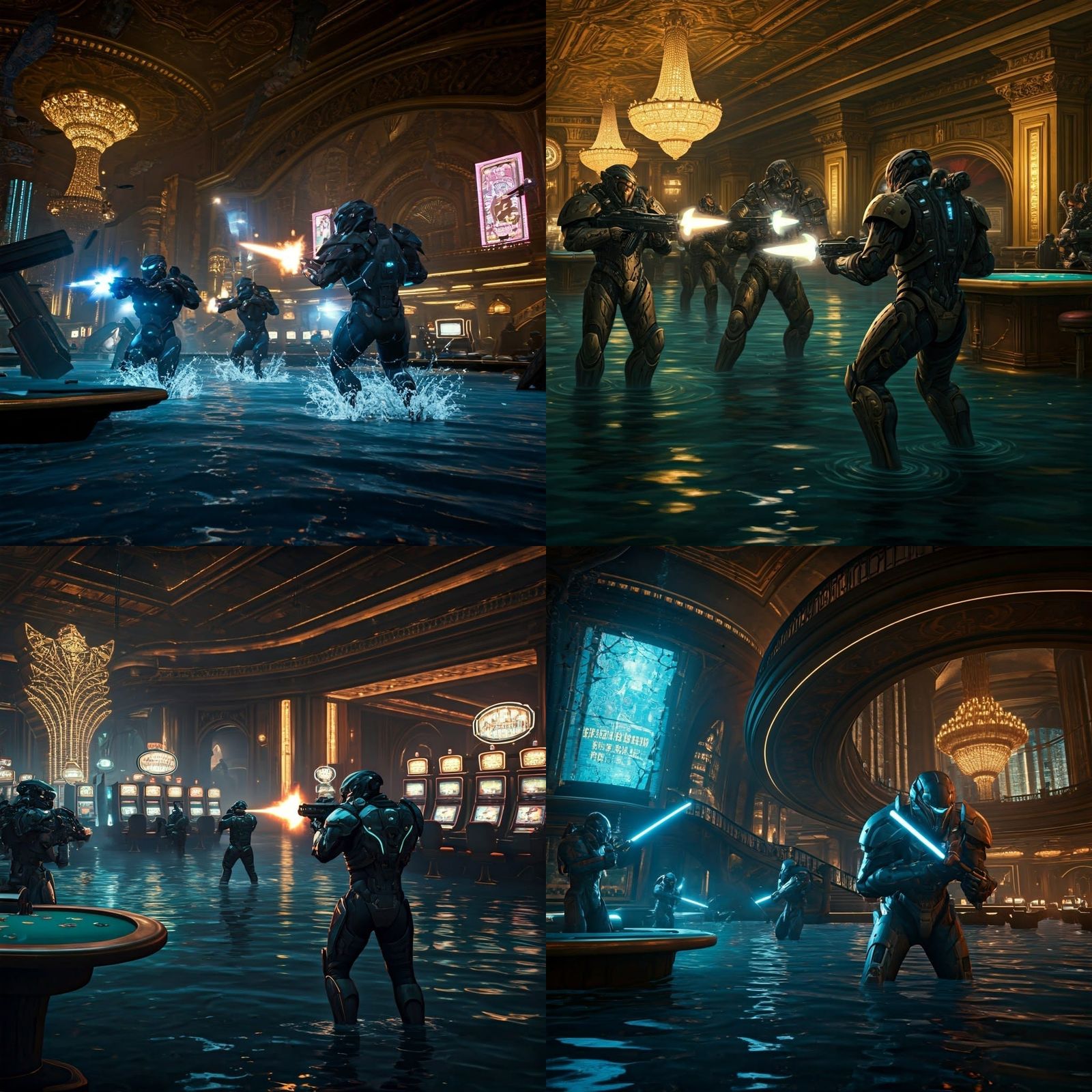 Surreal Futuristic Soldiers Engage in Battle Within a Floode...