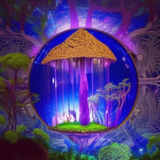 Enchanted Forest in Glass Orb with Rainbow Waterfall