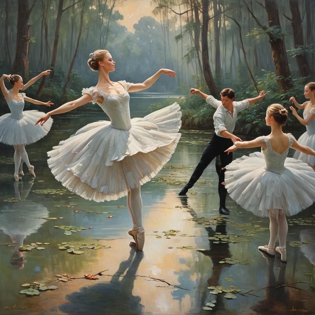 Swan Lake Ballet in Oil Painting Style