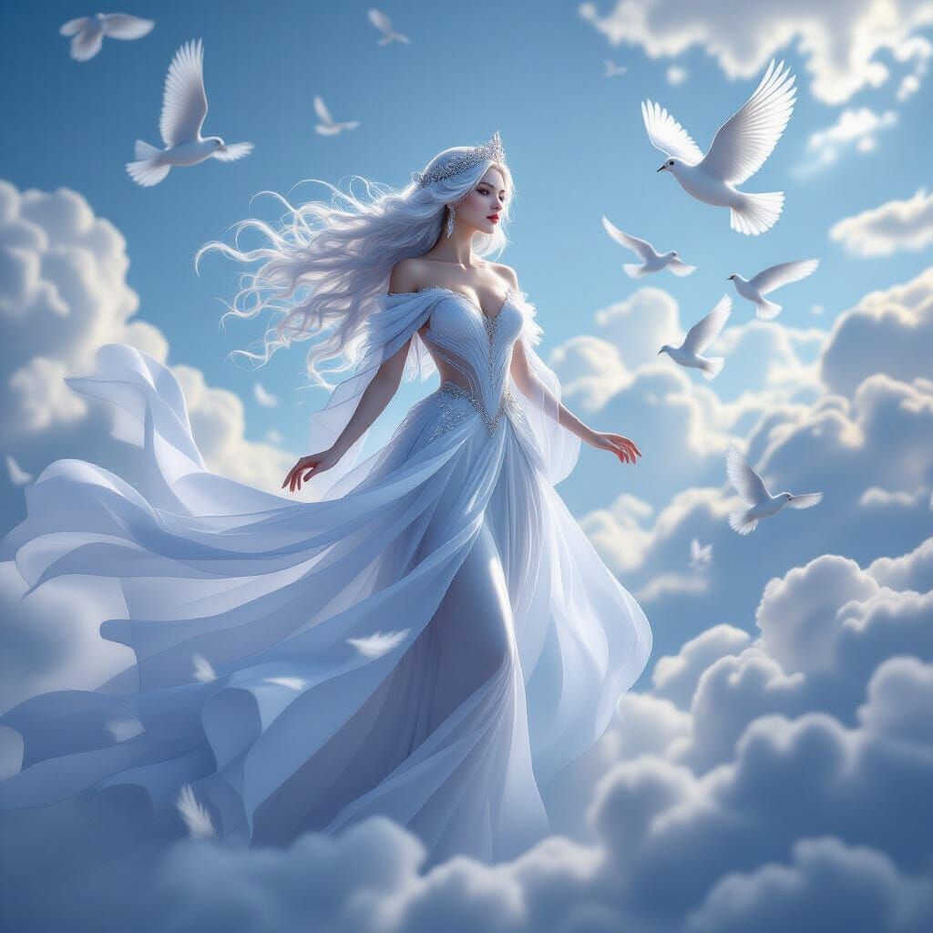 Celestial Queen Floating Among Clouds in Ethereal Fantasy St...