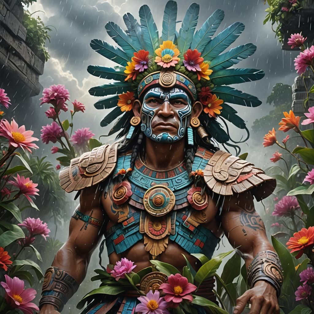 Aztec God Tlaloc in a Stormy Landscape