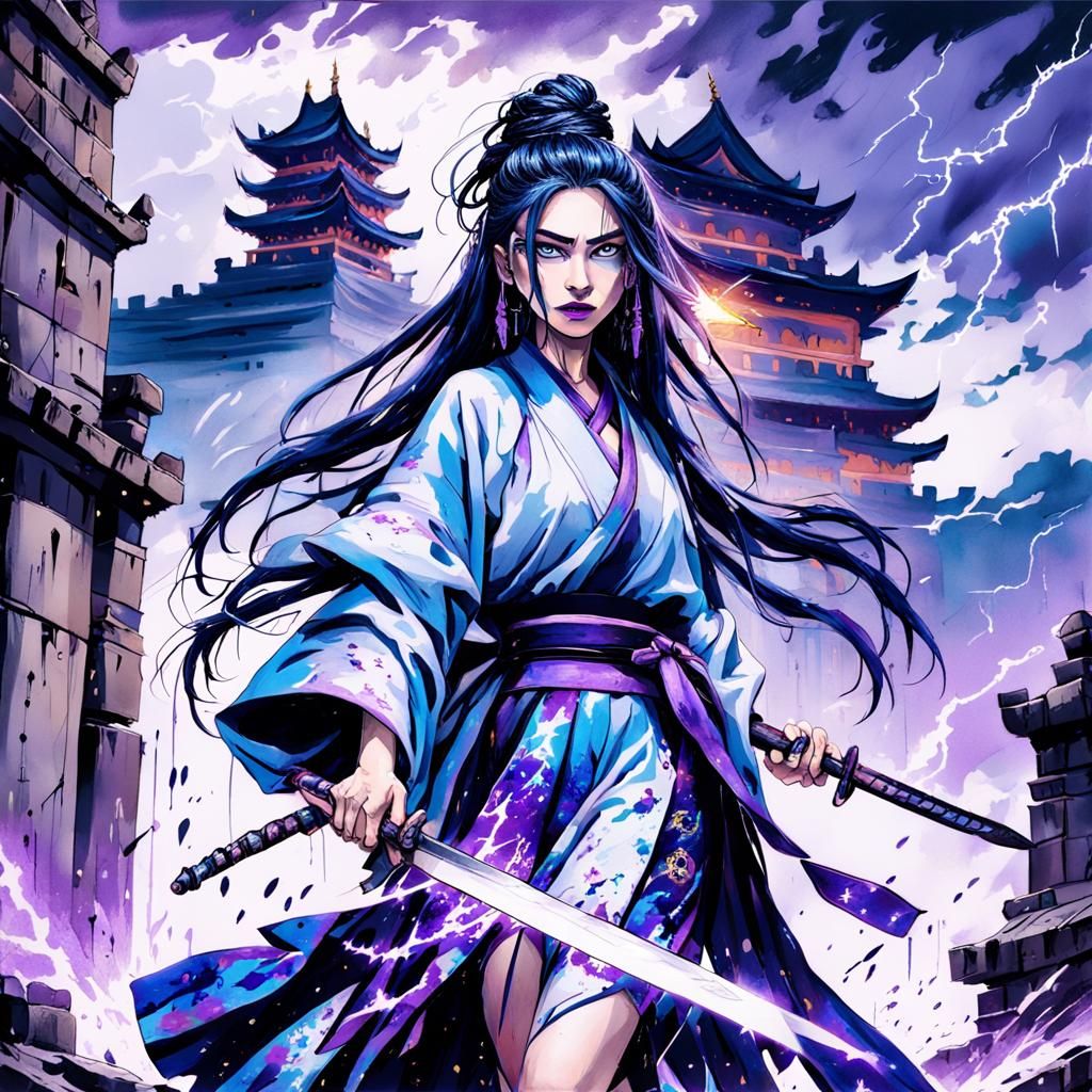 Woman with Electric Sword in Graffiti Art Style