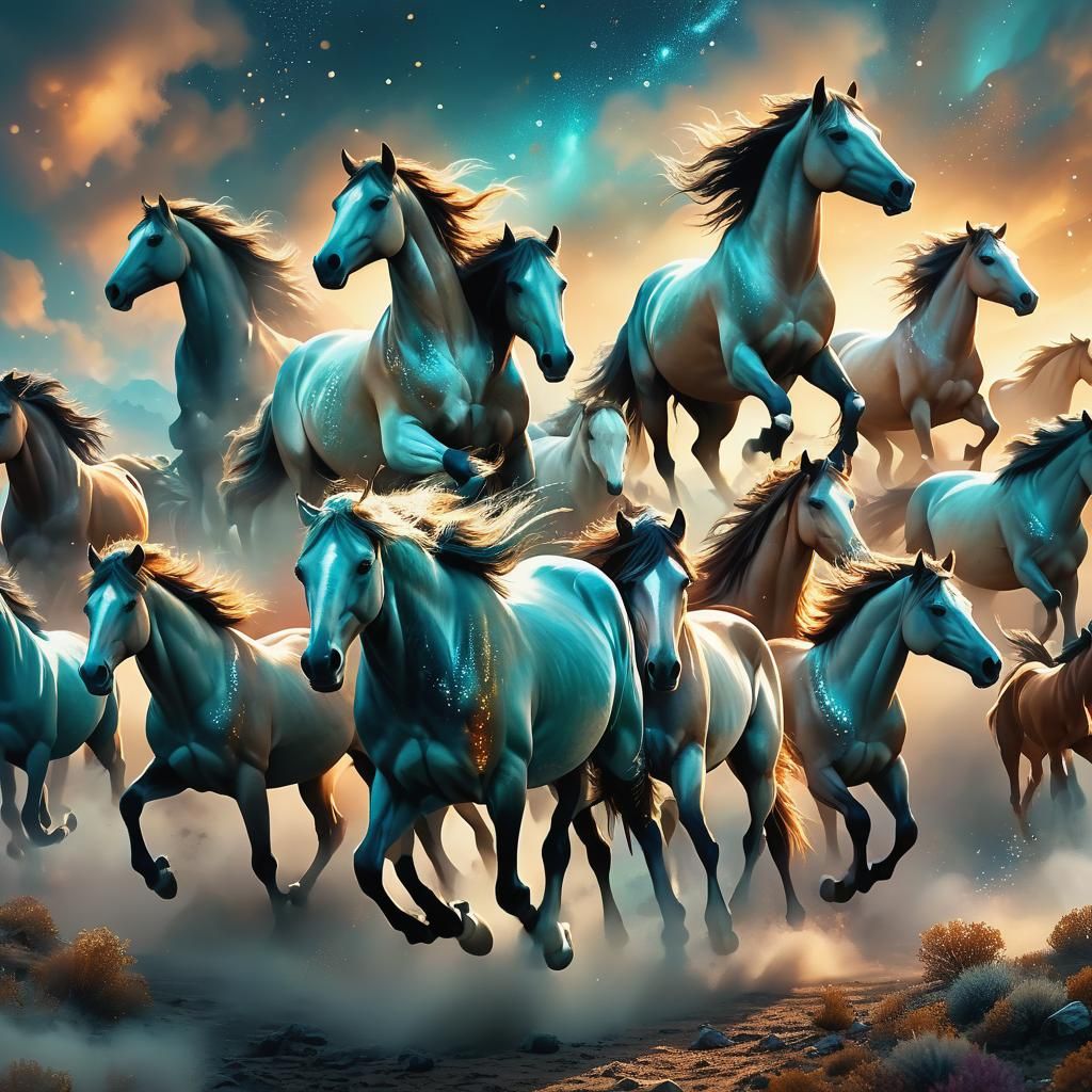 Majestic Wild Horses in a Fantastical Landscape