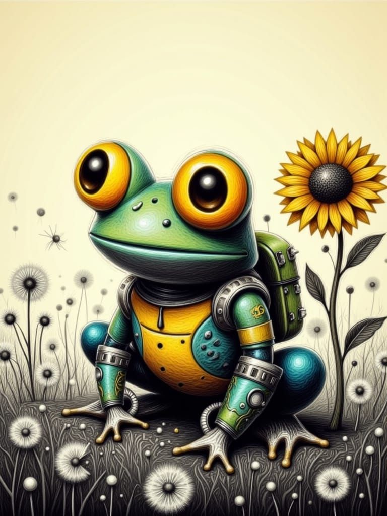 Bionic Frog in Dandelion Field, Syd Mead Style